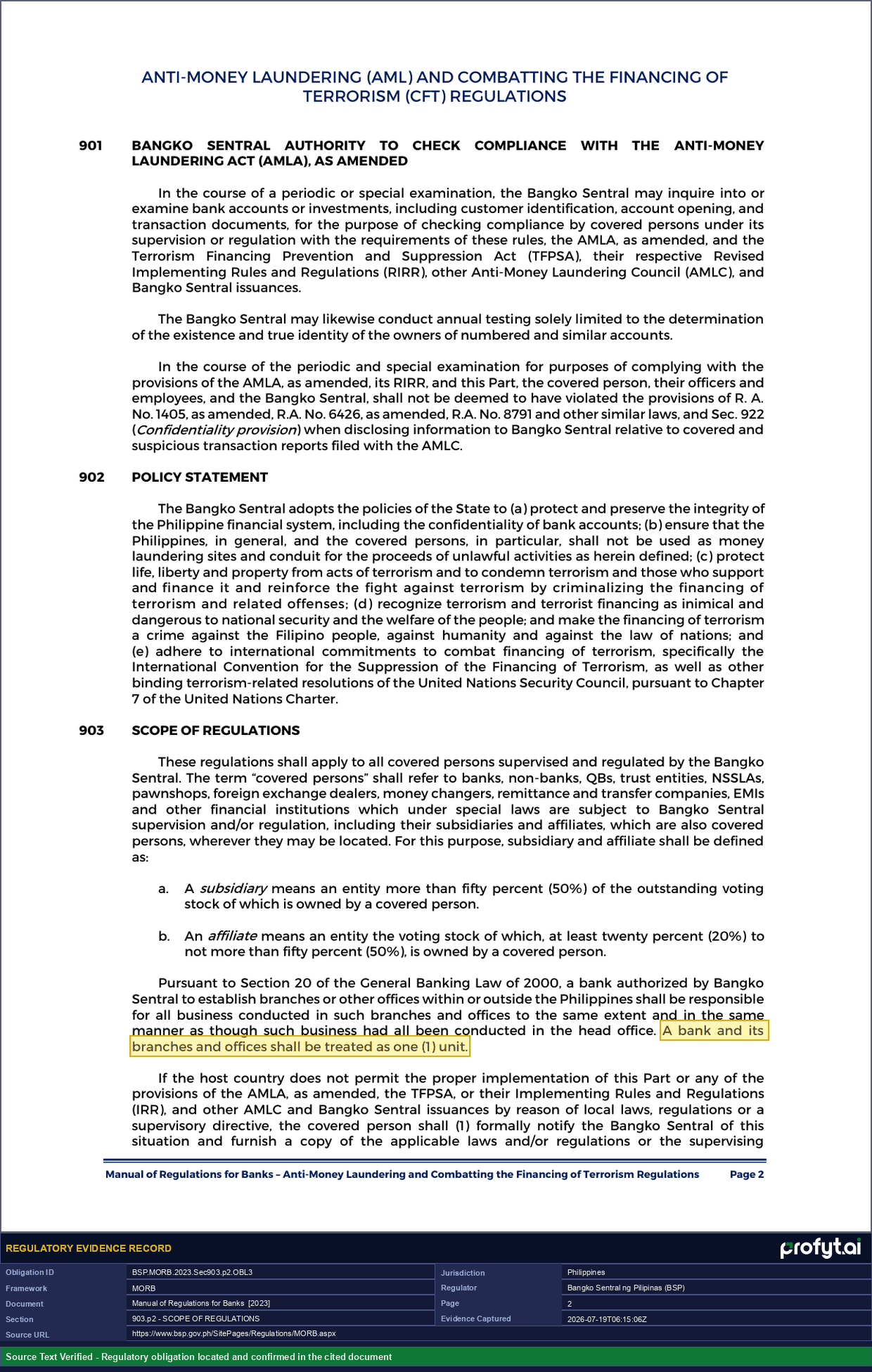 Evidence capture for BSP.MORB.2023.Sec903.p2.OBL3: MORB, Sec. 903, p. 2 (2023 ed.), Manual of Regulations for Banks