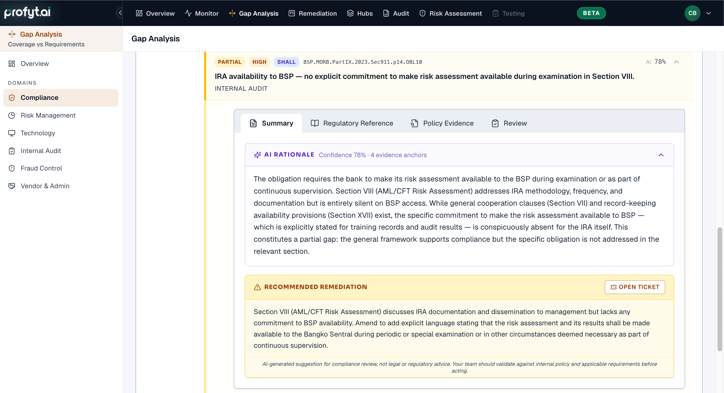 Gap Analysis verdict: status, confidence, and the rationale behind the finding