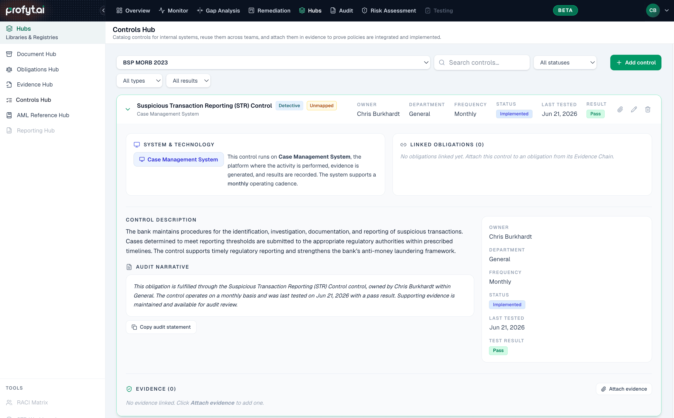 Control detail with audit narrative