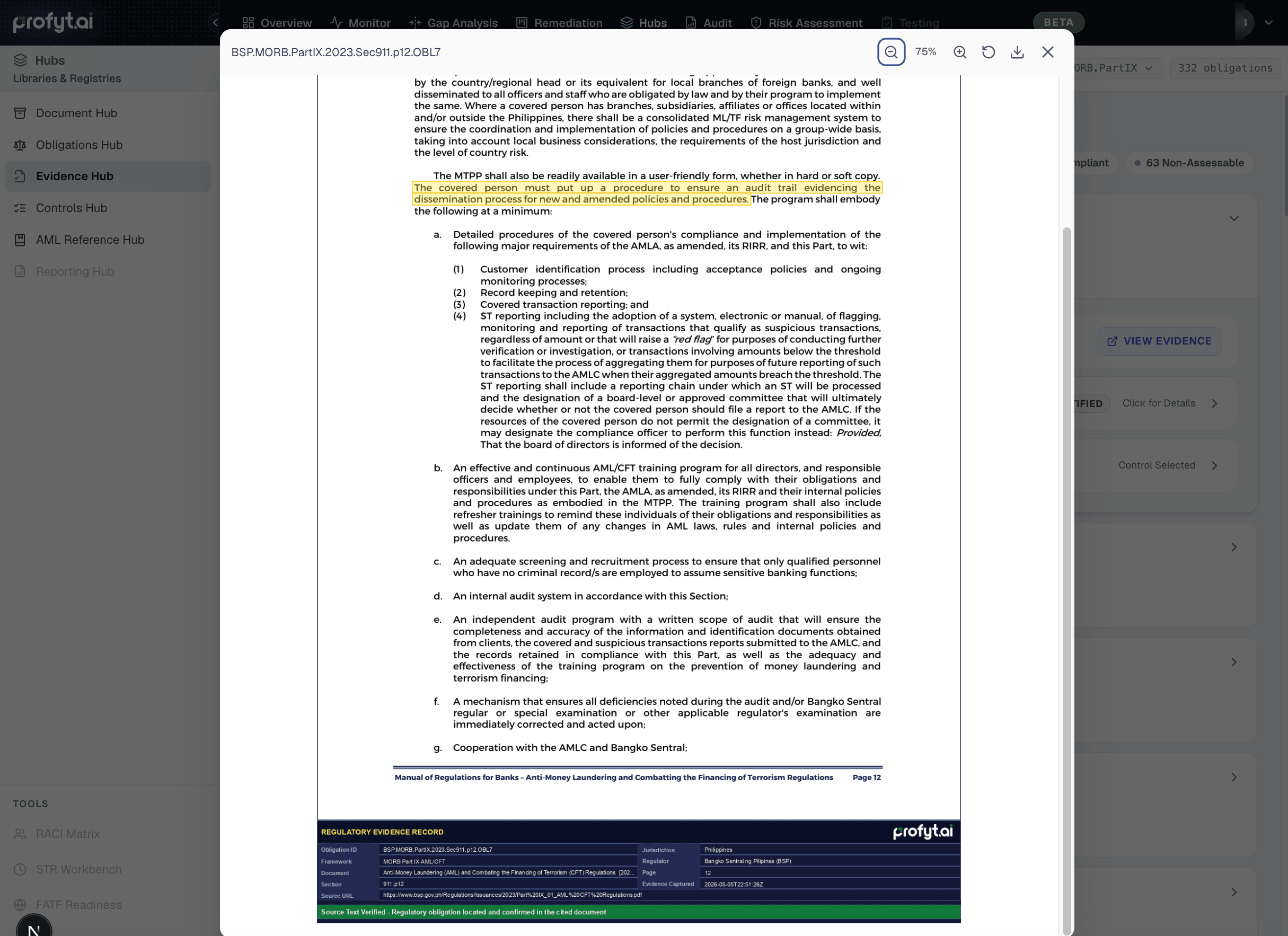 Regulatory evidence: the verbatim BSP MORB source text behind the requirement, anchored to its page
